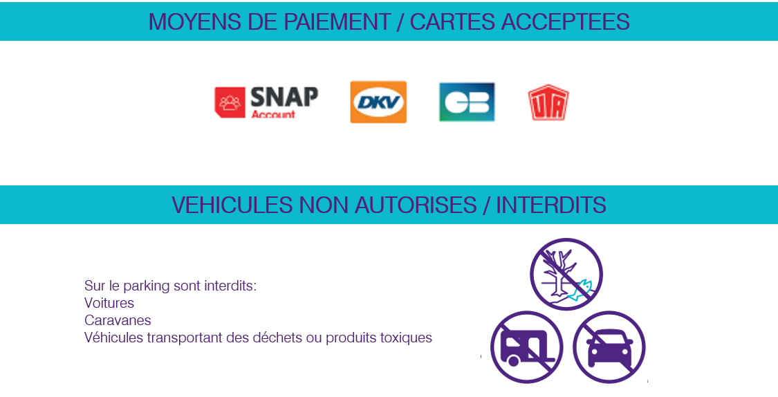 Parking Sécurisé Payant pour Poids Lourds Secure Truck Parking ZAC du Château d'Eau 03390 Montmarault France. Ouvert 24h/24 7j/7 Sécurisé: Vidéosurveillance avec caméras haute définition,  24h/24, 7j/7 Contrôle d’accès véhicules avec enregistrement des plaques (APNR) Accès piétons sécurisés avec contrôle d’accès Barrières levante haute protection Grillage 1,80m Eclairage minimum 15lux Services: Toilettes Douches Machines à laver séchantes Distributeurs de sandwichs, friandises, boissons fraiches et chaudes espace repas et détente intérieurs Espace pic-nic Wifi gratuit